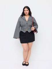100% Cotton Plaid Collar Bell Sleeve Ruched Cinched Waist Blouse Curve & Plus