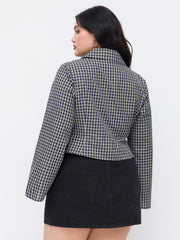 100% Cotton Plaid Collar Bell Sleeve Ruched Cinched Waist Blouse Curve & Plus
