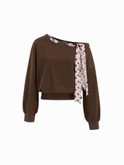 Terry Asymmetrical Neck Crop Oversized Sweatshirt With Polka Dot Knotted