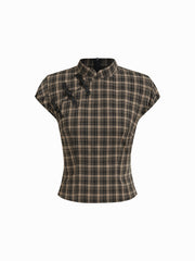 Mandarin Collar Plaid Top & Mid Rise Zipper Mini Skort Set