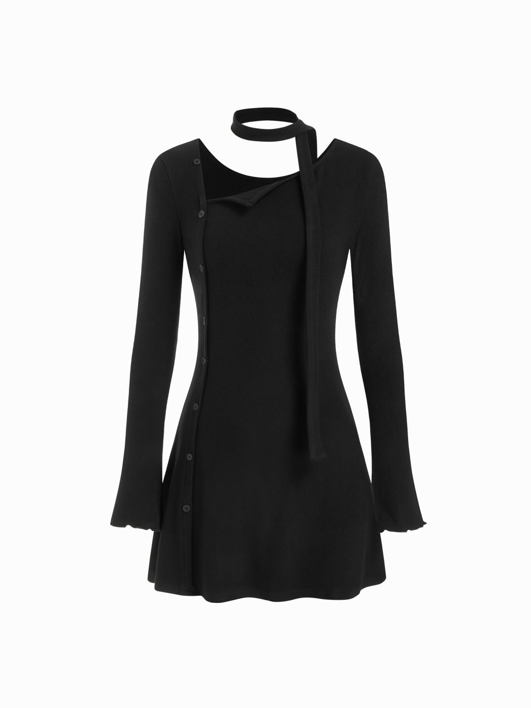 Asymmetrical Neck Bell Sleeve Side Button Mini Dress With Scarf