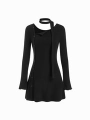 Asymmetrical Neck Bell Sleeve Side Button Mini Dress With Scarf
