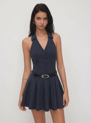Halter Neckline Striped Mini Flared Dress With Belt