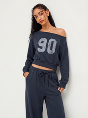 Terry Asymmetrical Neck Solid Long Sleeve Crop Top & Mid Rise Elastic Waist Knotted Wide Leg Trousers Set