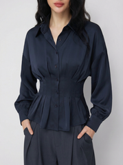 Satin Collar Ruffled Cinched Waist Lantern Sleeve Shirt