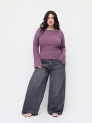 Boat Neck Striped Bell Sleeve Tee Curve & Plus