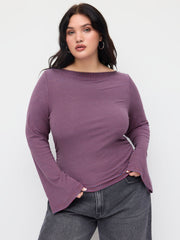 Boat Neck Striped Bell Sleeve Tee Curve & Plus