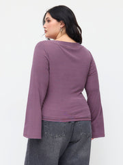 Boat Neck Striped Bell Sleeve Tee Curve & Plus