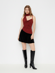 Mesh Asymmetrical Neck Rhinestone Cami Top With Scarf