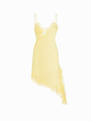 Satin V-neck Lace Trim Asymmetric Hem Midi Dress