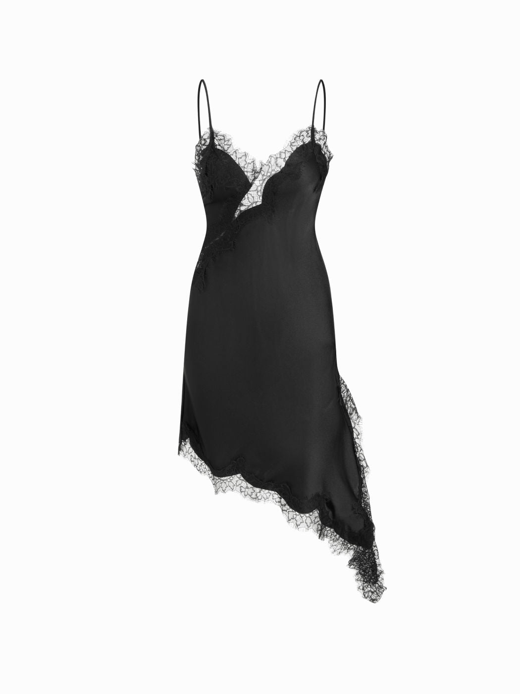 Satin V-neck Lace Trim Asymmetric Hem Midi Dress