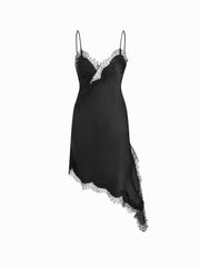 Satin V-neck Lace Trim Asymmetric Hem Midi Dress