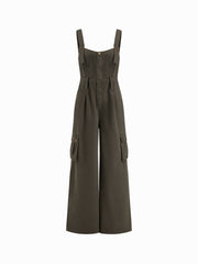 Denim Mid Rise Pocket Cargo Jumpsuit