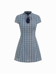 Cotton-blend Mandarin Collar Tartan Cut Out Bowknot Puff Sleeve Mini Dress