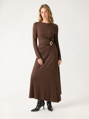 Round Neck Solid Straight Maxi Dress With Metal Detail