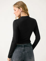 Stand Collar Lace-Up Cut Out Ribbed Top