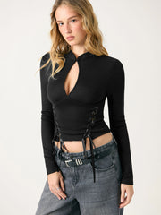 Stand Collar Lace-Up Cut Out Ribbed Top