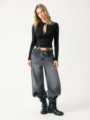 Stand Collar Lace-Up Cut Out Ribbed Top