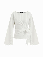 Boat Neck Stripe Knotted Bell Sleeve Blouse