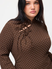 Mandarin Collar Textured Polka Dot Tie Front Ruched Top Curve & Plus