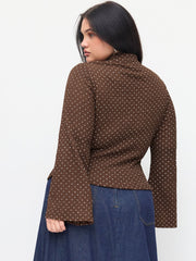 Mandarin Collar Textured Polka Dot Tie Front Ruched Top Curve & Plus