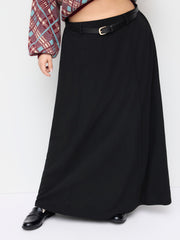 Stretchy Mid Rise Solid Maxi A-line Skirt With Belt Curve & Plus