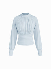 High Neck Long Sleeve Ruched Cinched Waist Blouse