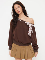 Terry Asymmetrical Neck Crop Oversized Sweatshirt With Polka Dot Knotted