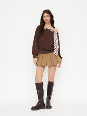Terry Asymmetrical Neck Crop Oversized Sweatshirt With Polka Dot Knotted