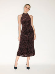 Velvet Halter Neckline Floral Ruched Midi Dress