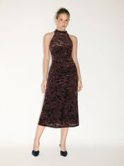 Velvet Halter Neckline Floral Ruched Midi Dress