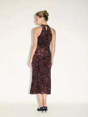 Velvet Halter Neckline Floral Ruched Midi Dress