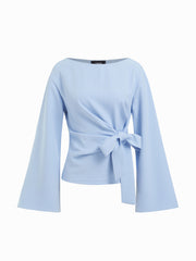 Boat Neck Stripe Knotted Bell Sleeve Blouse