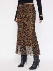 Mid Rise Leopard Drawstring Ruched Mermaid Midi Skirt