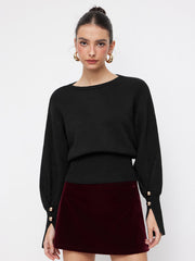 Knit Round Neckline Metal Detail Cinched Waist Lantern Sleeve Top
