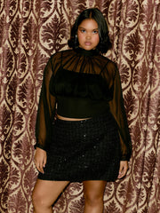 High Neck Sheer Bowknot Crop Blouse Curve & Plus