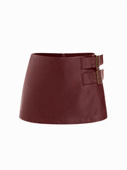 Faux Leather Mid Rise Belted A-line Mini Skort