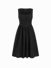 Linen-blend Square Neck Ruffle Midi Dress