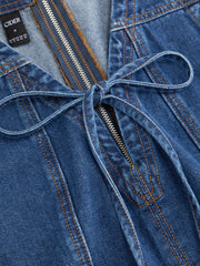 Denim V-neck Knotted A-line Oversized Mini Dress