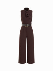 Asymmetrical Neck Ruched Straight Leg Jumpsuit With Belt