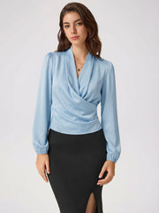 Satin V-neck Wrap Zip Long Sleeve Blouse