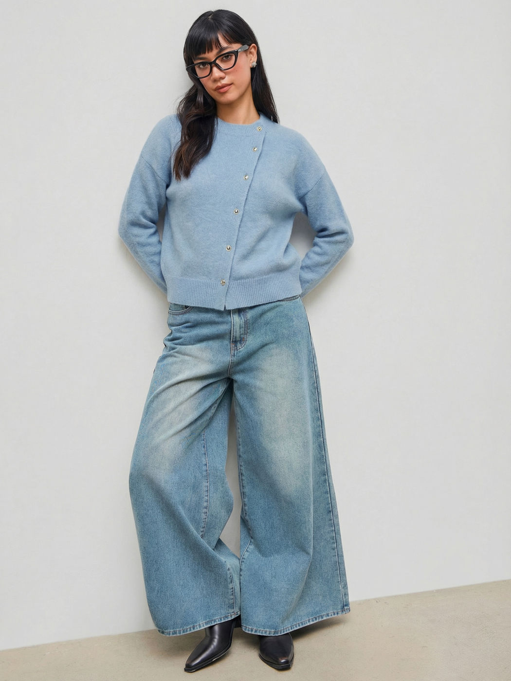 Knit Wool-blend Asymmetrical Button Up Oversized Long Sleeve Sweater