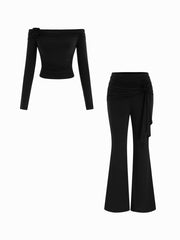 Off-shoulder Ruched Top & Mid Rise Flared Trousers Set