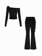 Off-shoulder Ruched Top & Mid Rise Flared Trousers Set