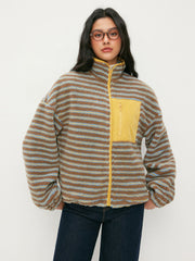 Fleece High Neck Striped Oversized Jacket With Drawstring Hem