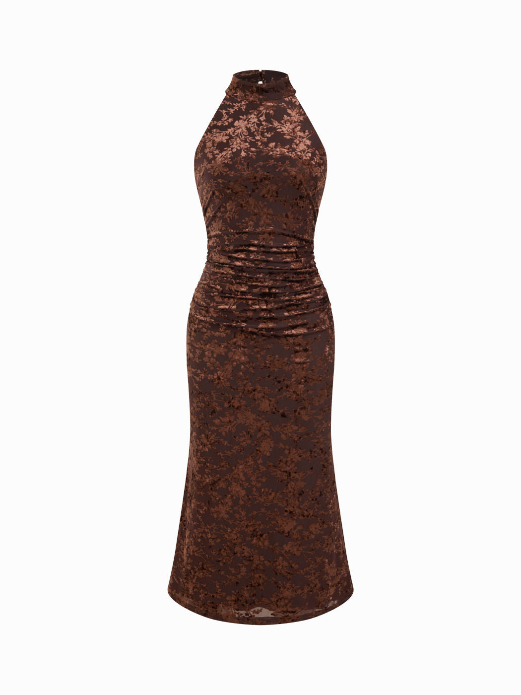 Velvet Halter Neckline Floral Ruched Midi Dress