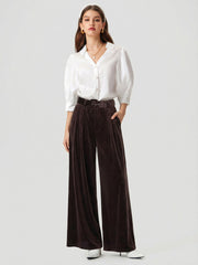 Velvet Mid Waist Pocket Wide Leg Trousers With Belt