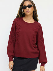 Knit Round Neckline Leaf Braid Oversized Sweater