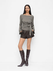 Boat Neck Textured Side Knotted Ruched Long Sleeve Top