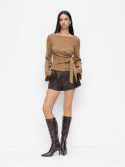 Boat Neck Textured Side Knotted Ruched Long Sleeve Top